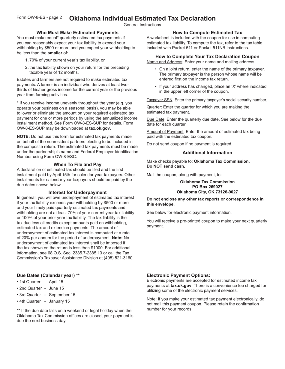 Form OW-8-ES Estimated Tax Declaration for Individuals - Oklahoma, Page 2