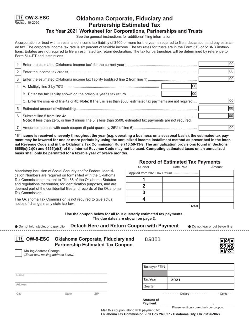 Form OW-8-ESC Estimated Tax Declaration for Corporations, Fiduciaries  Partnerships - Oklahoma, Page 1