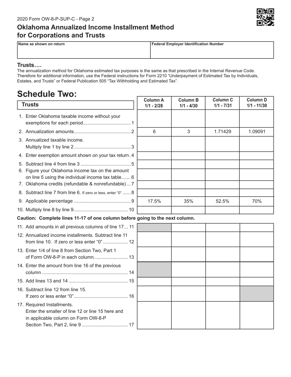 Form OW-8-P-SUP-C Oklahoma Annualized Income Installment Methods for Corporations and Trusts - Oklahoma, Page 2