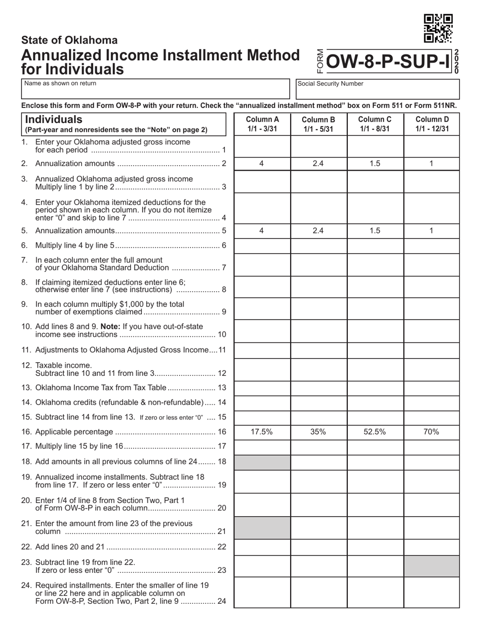 Form OW-8-P-SUP-I Annualized Income Installment Method for Individuals - Oklahoma, Page 1