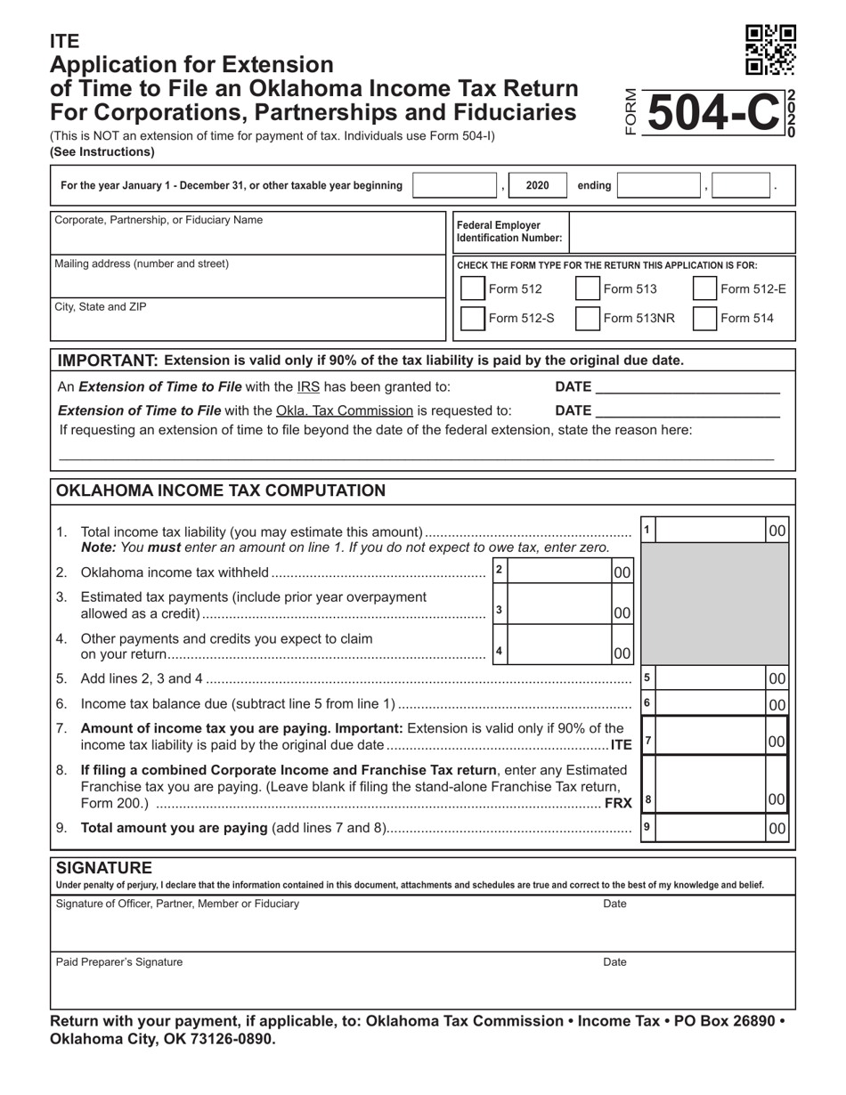 Form 504-C Application for Extension of Time to File an Oklahoma Income Tax Return for Corporations, Partnerships and Fiduciaries - Oklahoma, Page 1