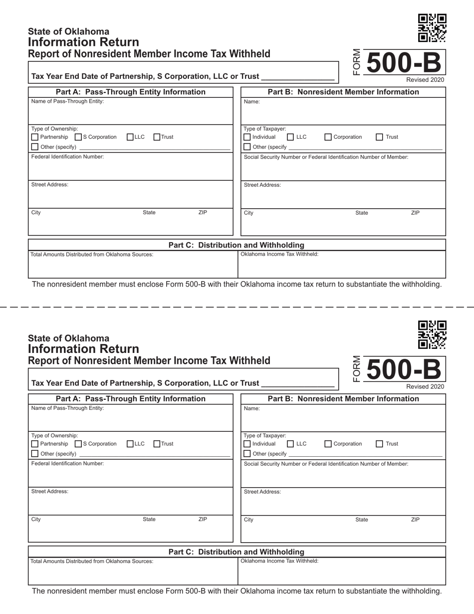 Form 500-B Information Return - Report of Nonresident Member Income Tax Withheld - Oklahoma, Page 1