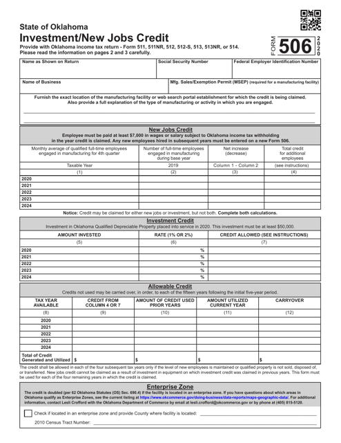 Form 506 Investment/New Jobs Credit - Oklahoma, 2020