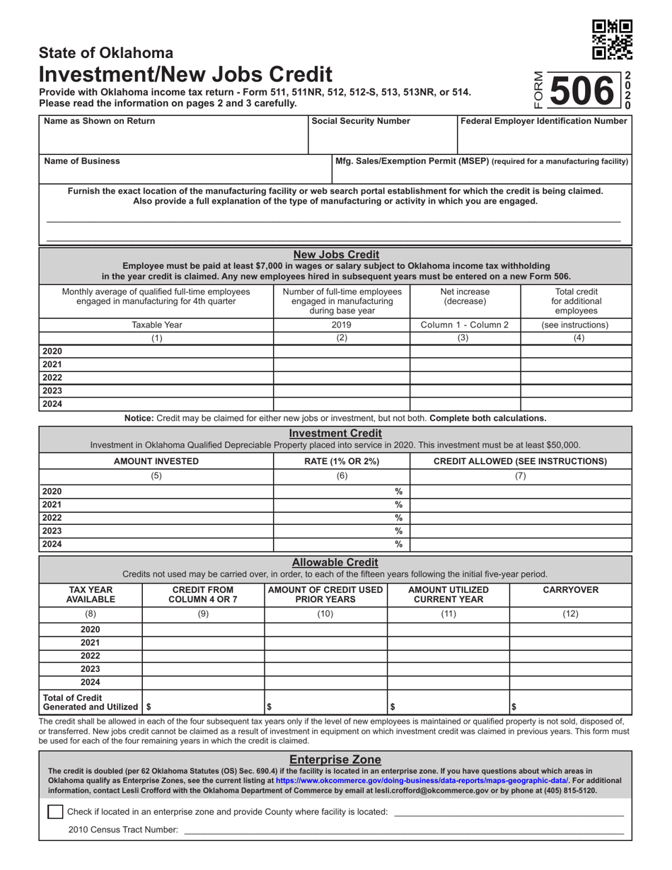 Form 506 Investment / New Jobs Credit - Oklahoma, Page 1