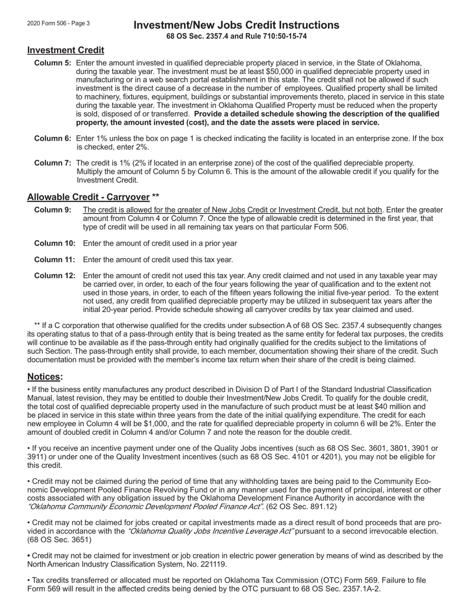 Form 506 Investment / New Jobs Credit - Oklahoma, Page 3