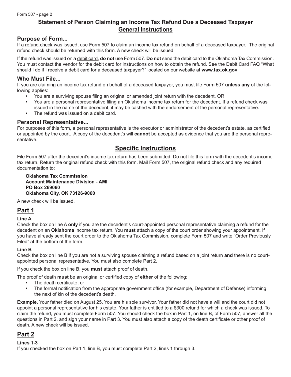 Form 507 Statement of Person Claiming an Income Tax Refund Due a Deceased Taxpayer - Oklahoma, Page 2
