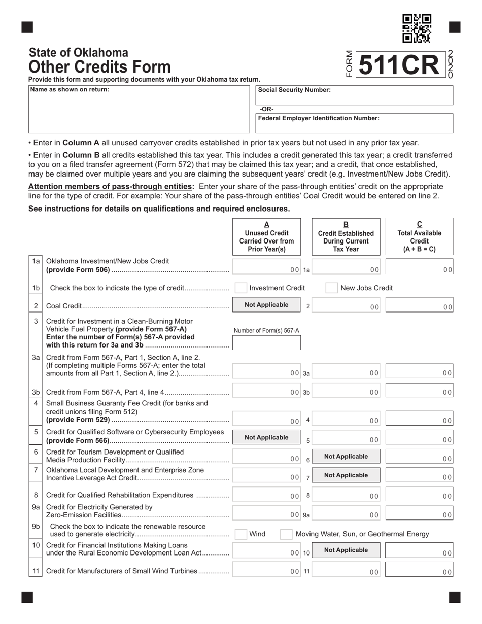 Form 511CR Other Credits Form - Oklahoma, Page 1