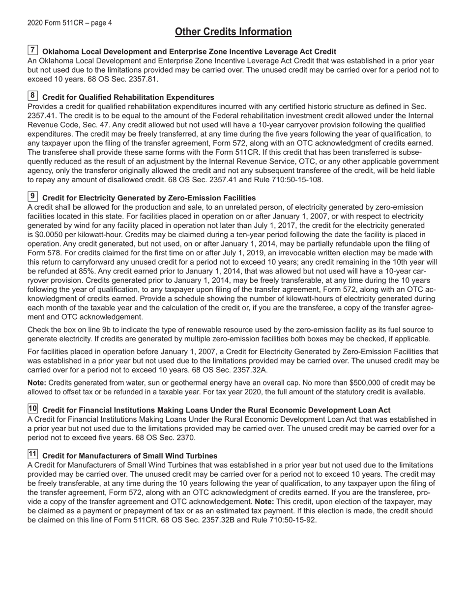 Form 511CR Other Credits Form - Oklahoma, Page 4