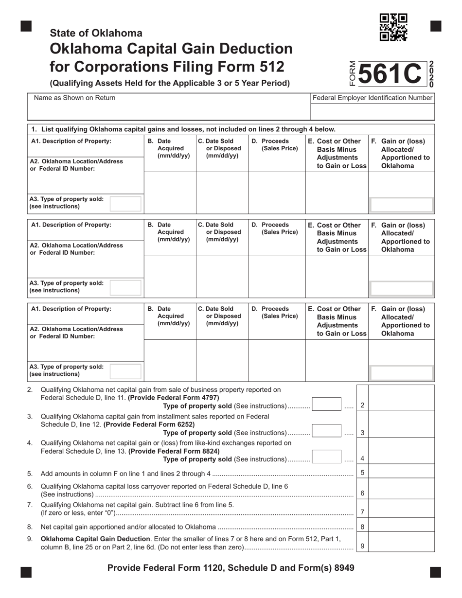 Form 561C Oklahoma Capital Gain Deduction for Corporations Filing Form 512 - Oklahoma, Page 1