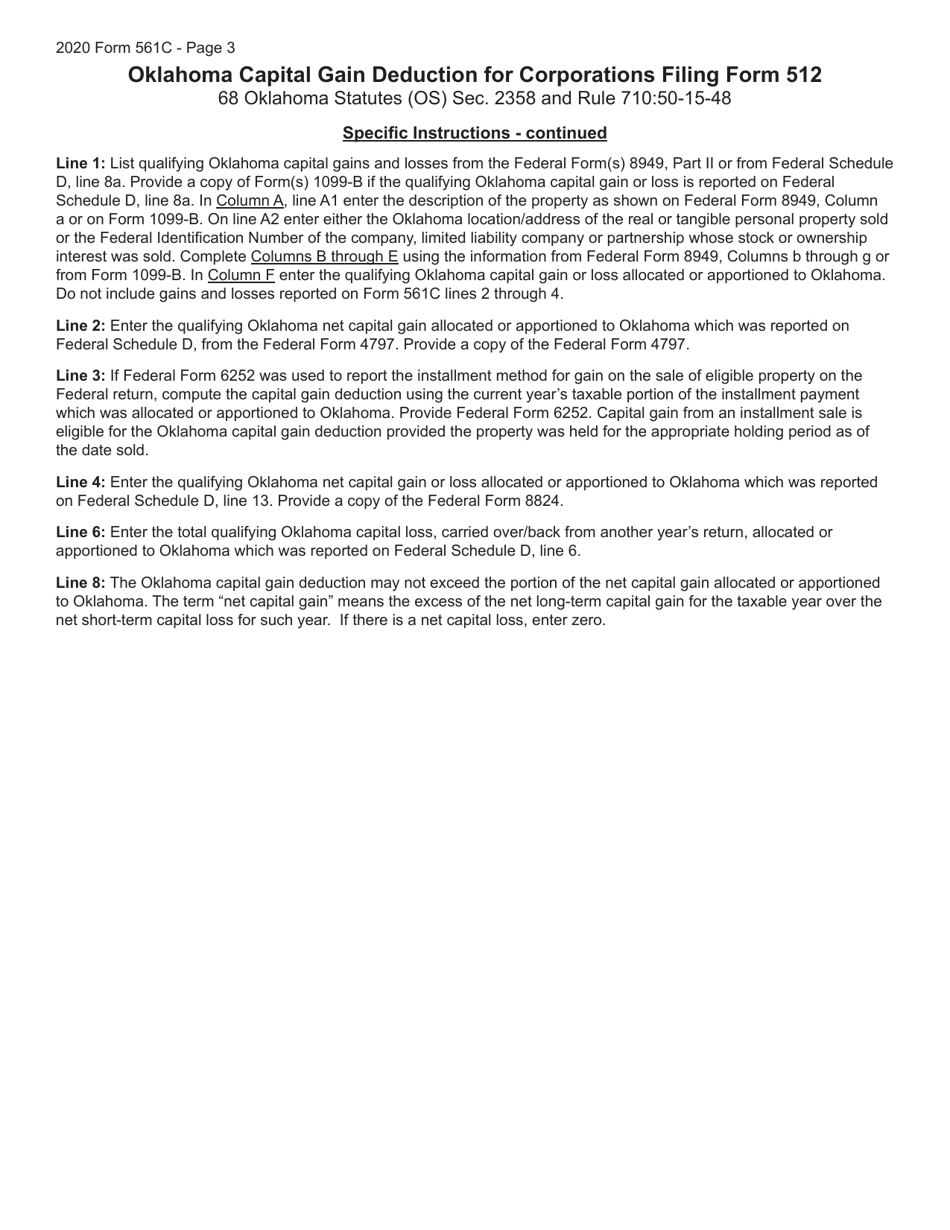 Form 561C Oklahoma Capital Gain Deduction for Corporations Filing Form 512 - Oklahoma, Page 3