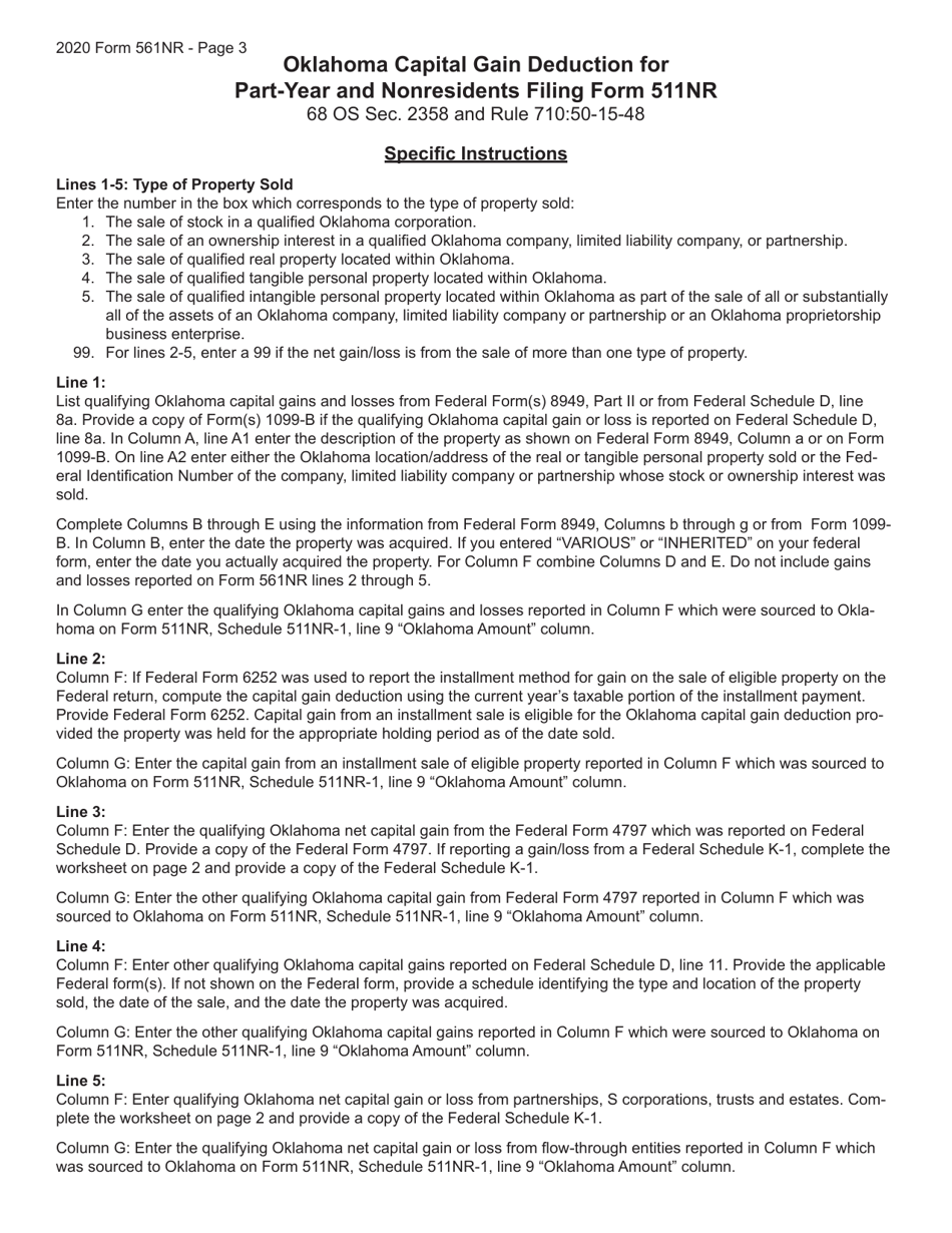Form 561NR Oklahoma Capital Gain Deduction for Part-Year and Nonresidents Filing Form 511nr - Oklahoma, Page 3