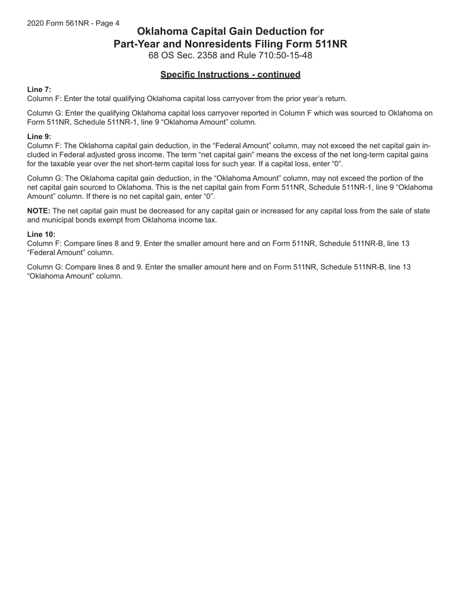 Form 561NR Oklahoma Capital Gain Deduction for Part-Year and Nonresidents Filing Form 511nr - Oklahoma, Page 4