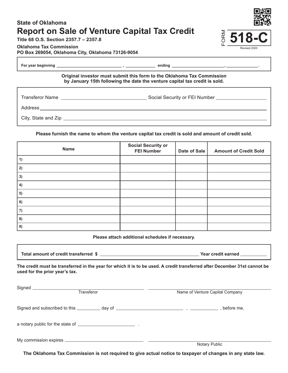 Form 518-C Report on Sale of Venture Capital Tax Credit - Oklahoma, Page 1