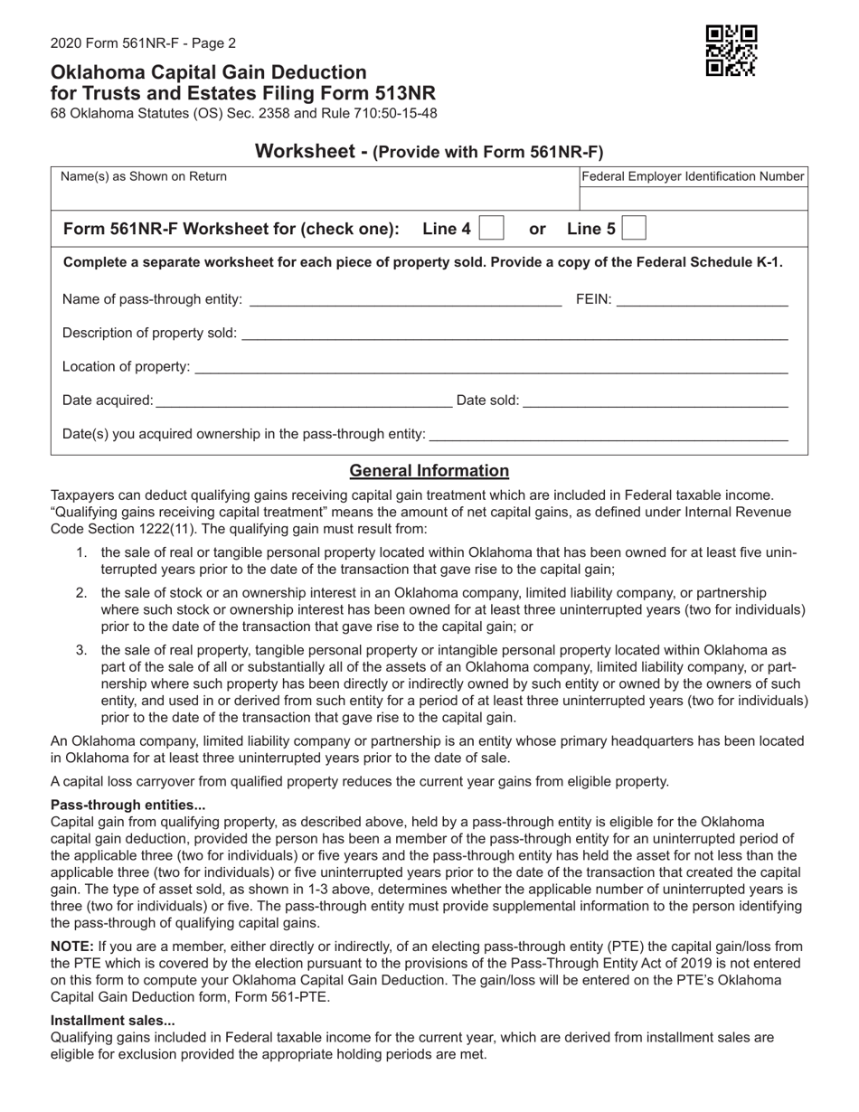 Form 561NR-F Capital Gain Deduction for Trusts and Estates Filing Form 513nr - Oklahoma, Page 2