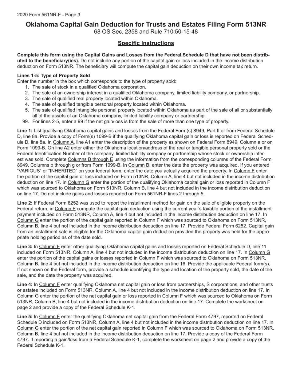 Form 561NR-F Capital Gain Deduction for Trusts and Estates Filing Form 513nr - Oklahoma, Page 3