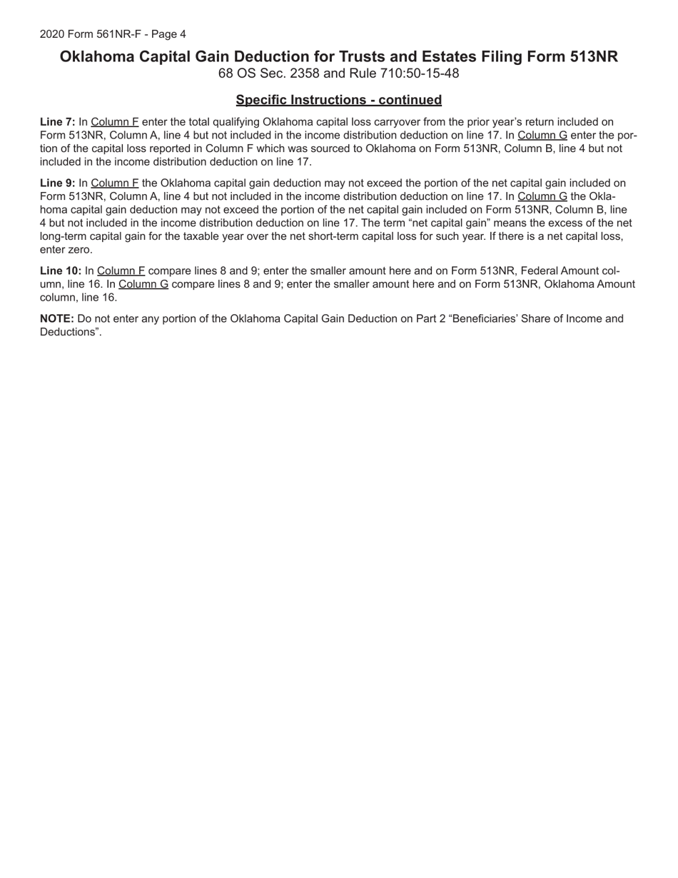 Form 561NR-F Capital Gain Deduction for Trusts and Estates Filing Form 513nr - Oklahoma, Page 4