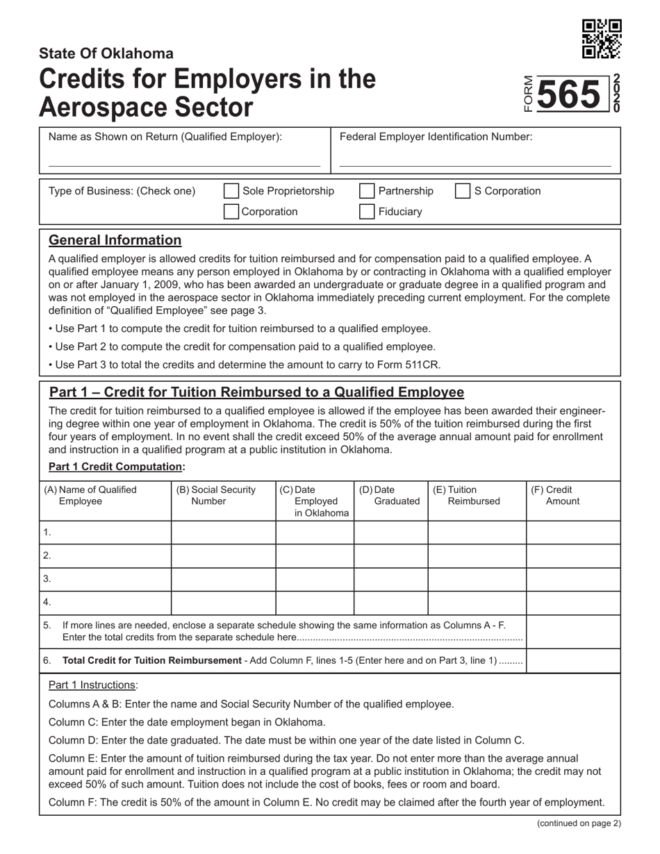 Form 565 Credits for Employers in the Aerospace Sector - Oklahoma, Page 1