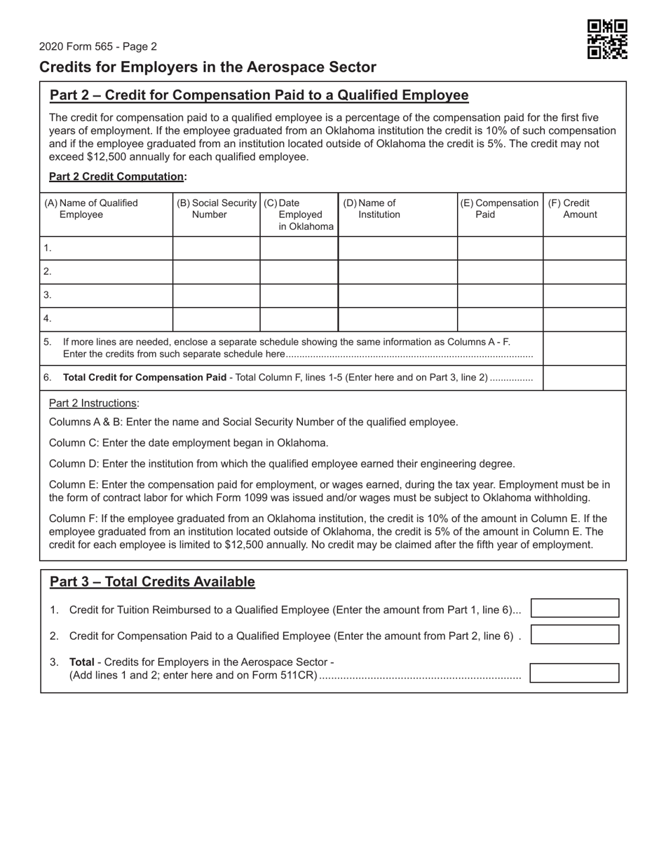 Form 565 Credits for Employers in the Aerospace Sector - Oklahoma, Page 2