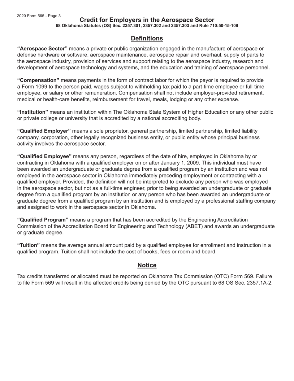 Form 565 Credits for Employers in the Aerospace Sector - Oklahoma, Page 3