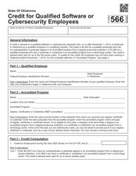Document preview: Form 566 Credit for Qualified Software or Cybersecurity Employees - Oklahoma, 2020