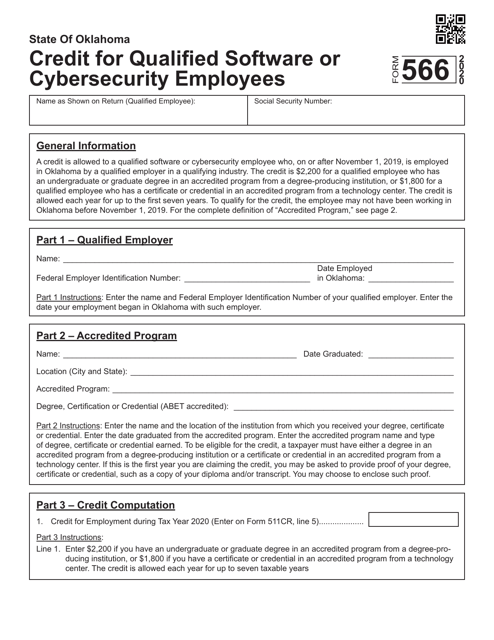 Form 566 Credit for Qualified Software or Cybersecurity Employees - Oklahoma, 2020