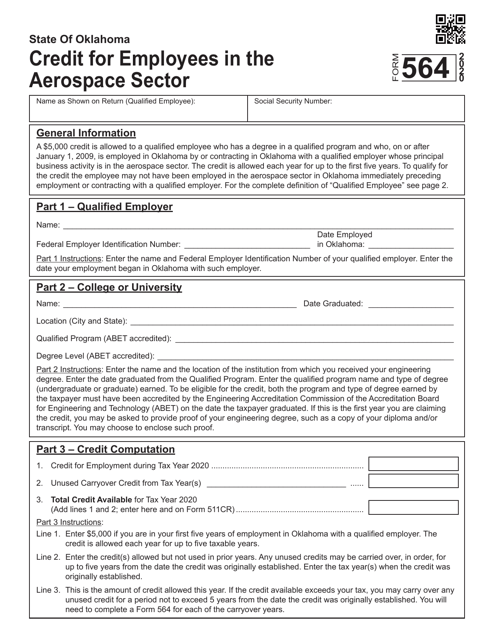 Form 564 Credit for Employees in the Aerospace Sector - Oklahoma, 2020