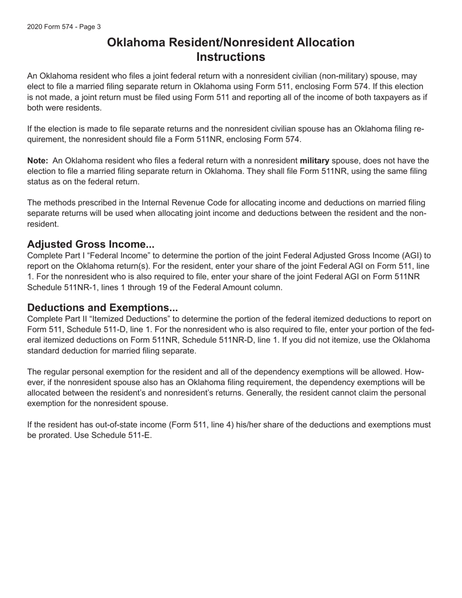 Form 574 Resident / Nonresident Allocation - Oklahoma, Page 3