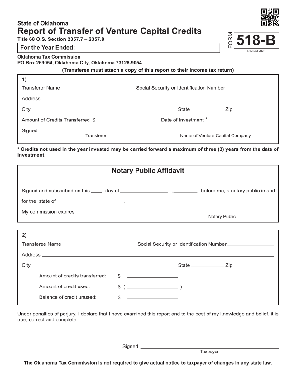 Form 518-B Report of Transfer of Venture Capital Credits - Oklahoma, Page 1