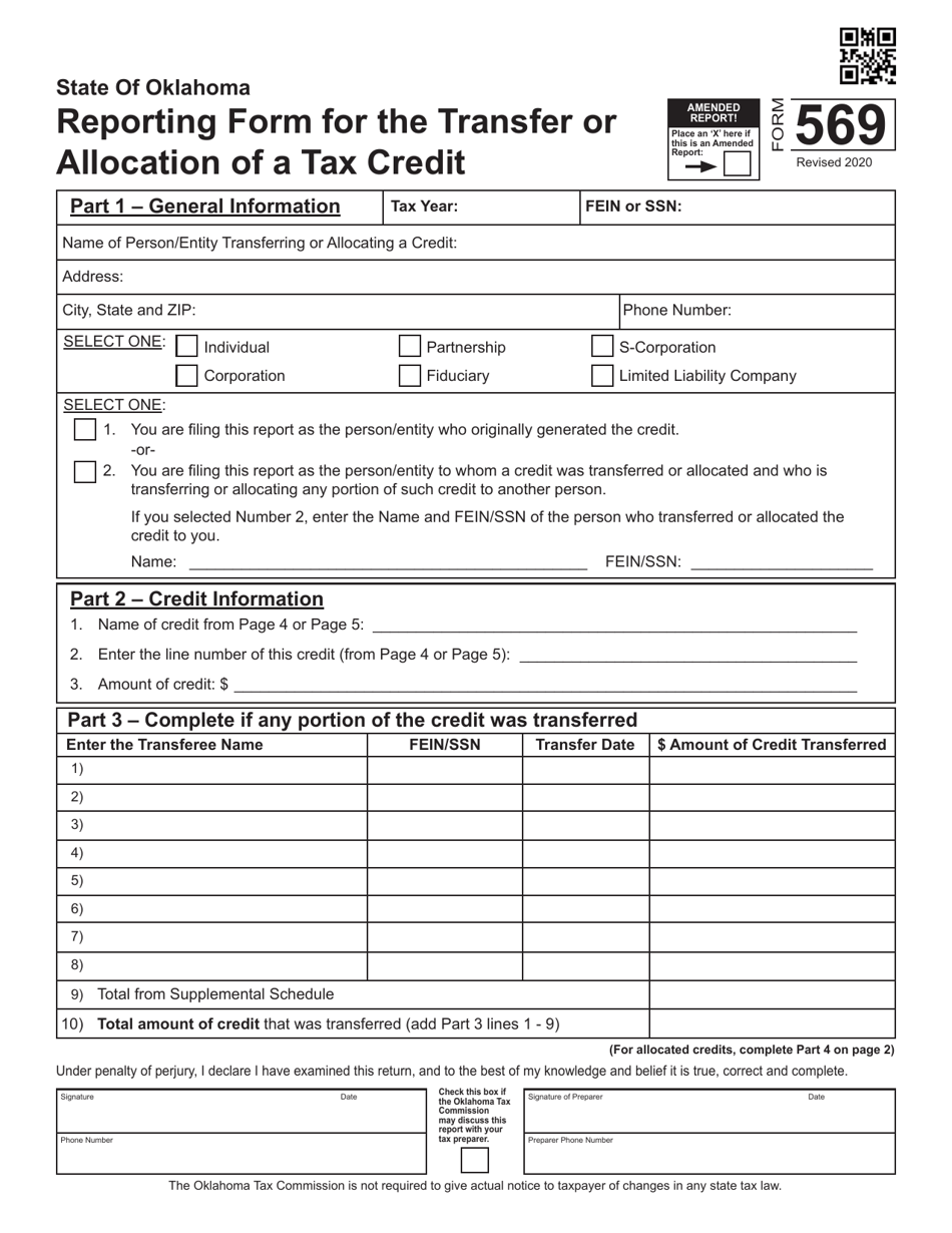 Form 569 Reporting Form for the Transfer or Allocation of a Tax Credit - Oklahoma, Page 1