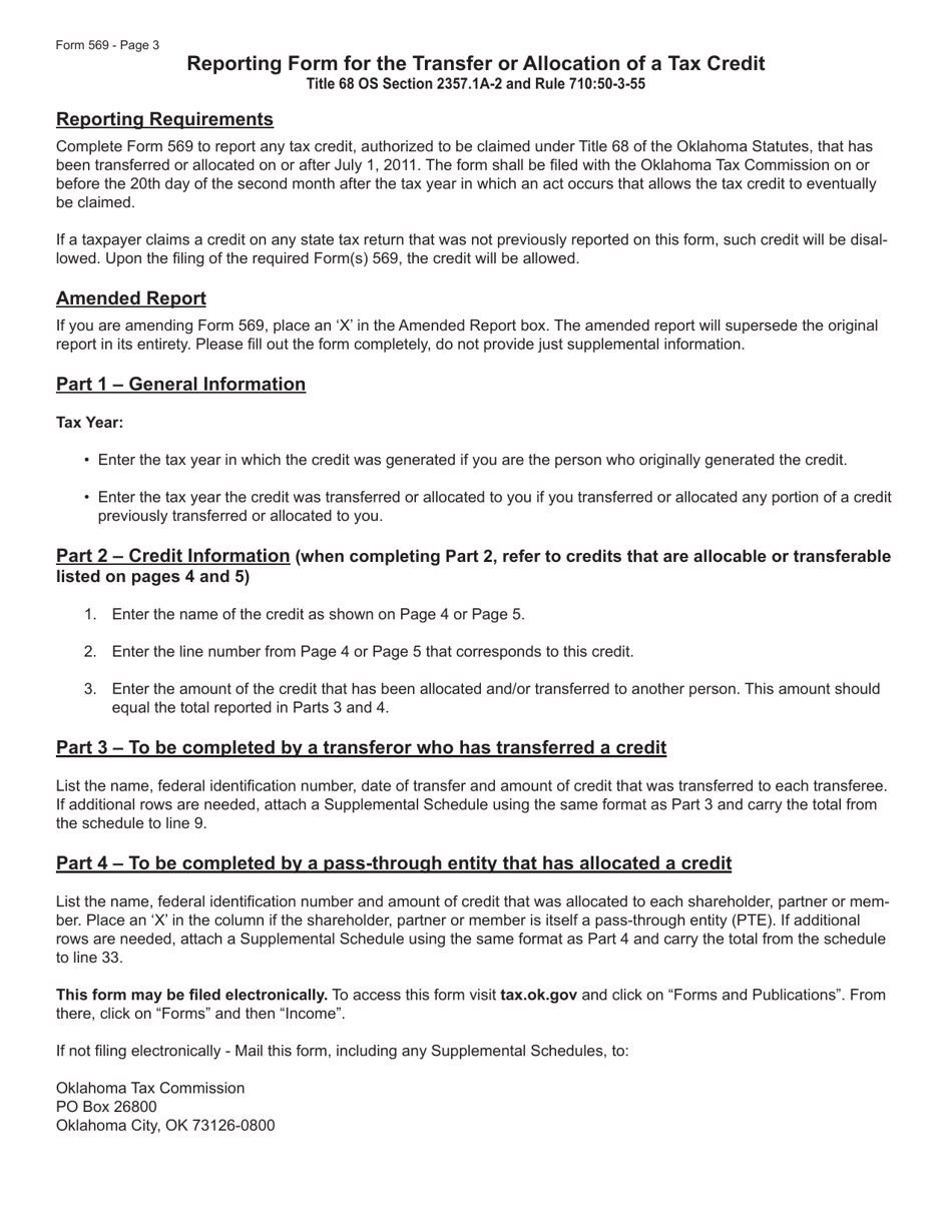 Form 569 Reporting Form for the Transfer or Allocation of a Tax Credit - Oklahoma, Page 3