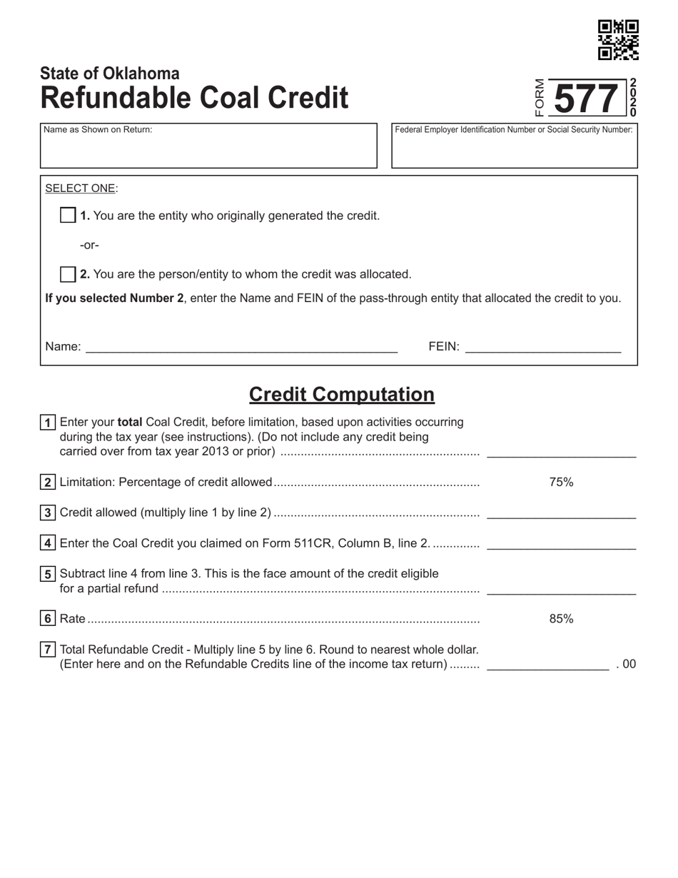 Form 577 Refundable Coal Credit - Oklahoma, Page 1