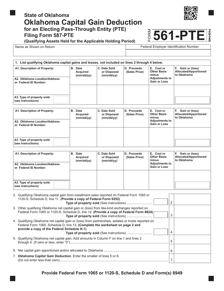 Form 561-PTE Oklahoma Capital Gain Deduction (For an Electing Pass - Through Entity Filing Form 587-pte) - Oklahoma, Page 1