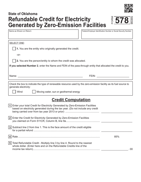 Form 578 Refundable Credit for Electricity Generated by Zero-Emission Facilities - Oklahoma, 2020