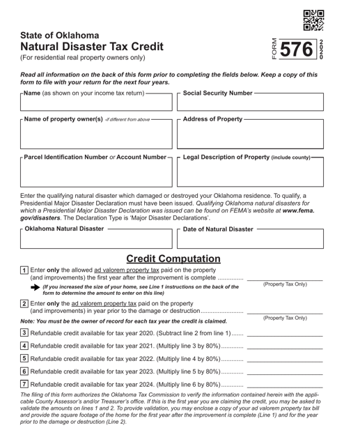 Form 576 Natural Disaster Tax Credit - Oklahoma, 2020