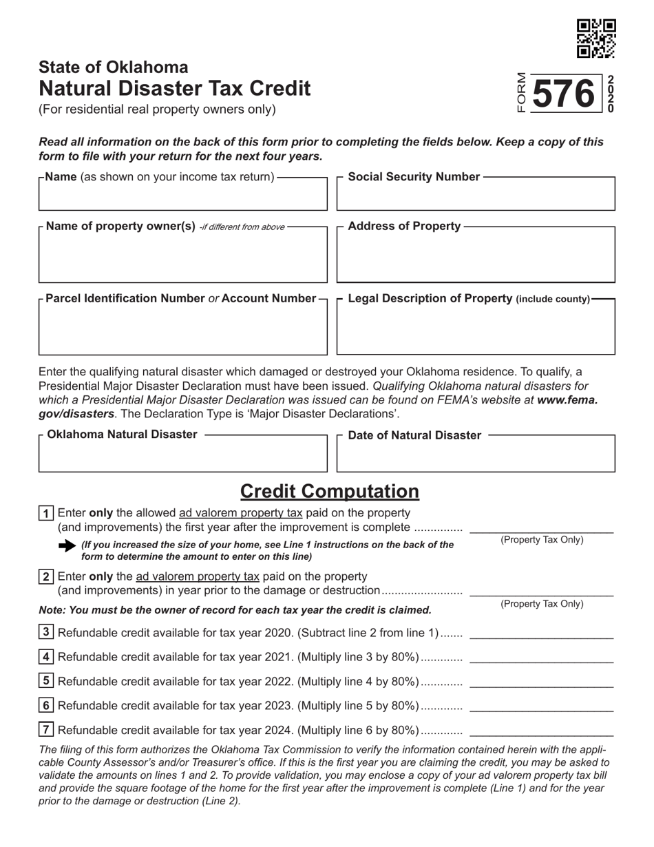 Form 576 Natural Disaster Tax Credit - Oklahoma, Page 1