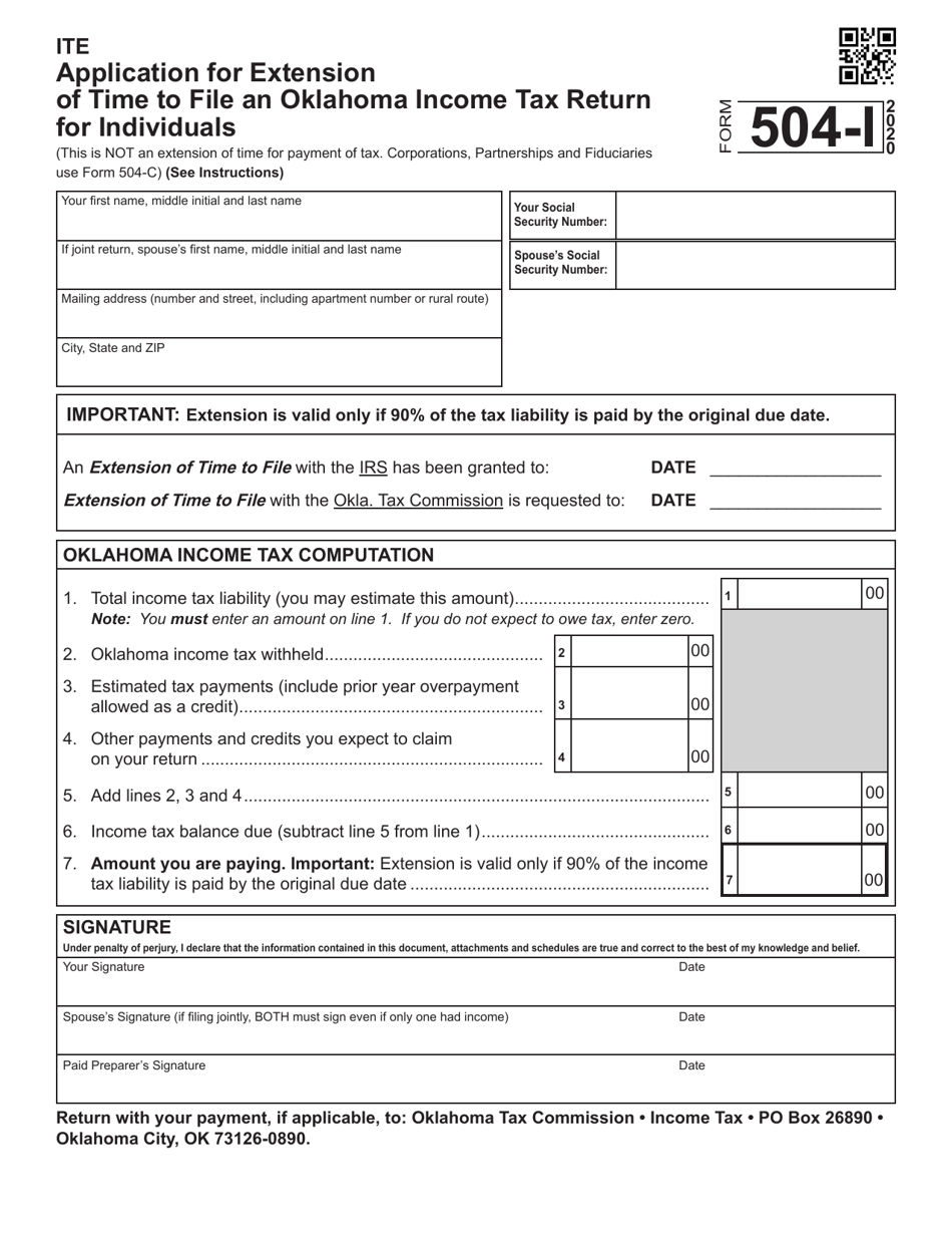 Form 504-I Application for Extension of Time to File an Oklahoma Income Tax Return for Individuals - Oklahoma, Page 1