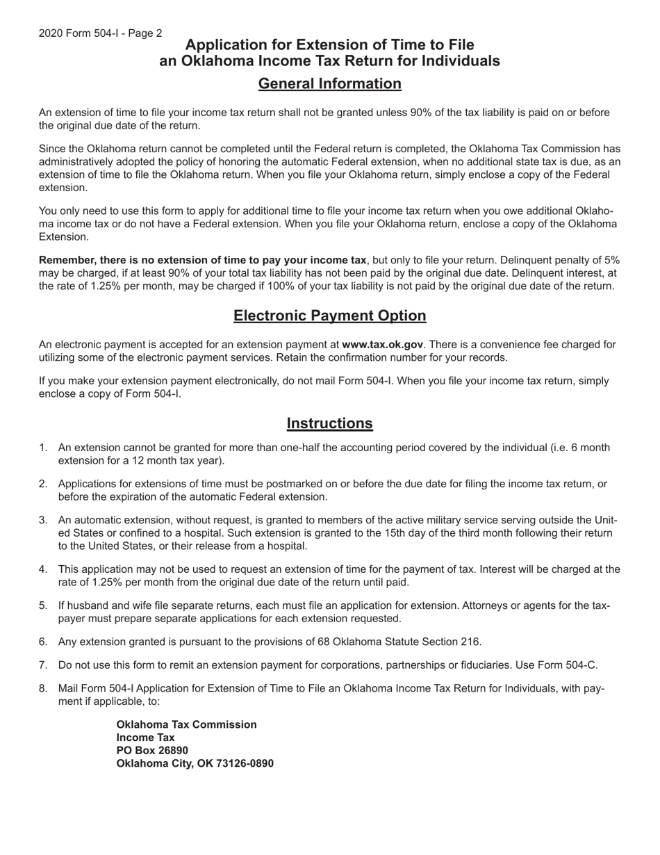 Form 504-I Application for Extension of Time to File an Oklahoma Income Tax Return for Individuals - Oklahoma, Page 2