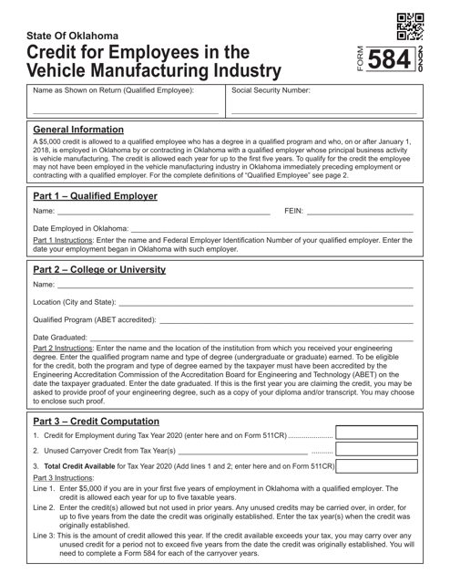 Form 584 Credit for Employees in the Vehicle Manufacturing Industry - Oklahoma, 2020