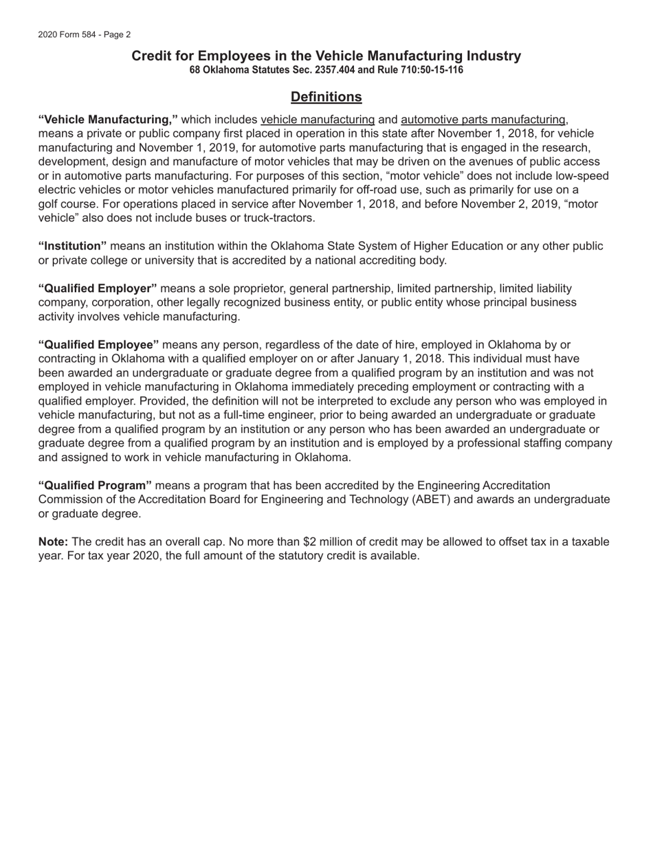 Form 584 Credit for Employees in the Vehicle Manufacturing Industry - Oklahoma, Page 2