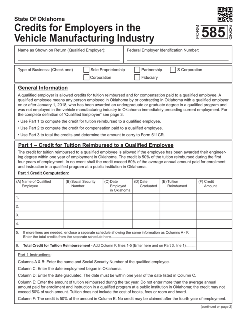 Form 585 Credits for Employers in the Vehicle Manufacturing Industry - Oklahoma, 2020