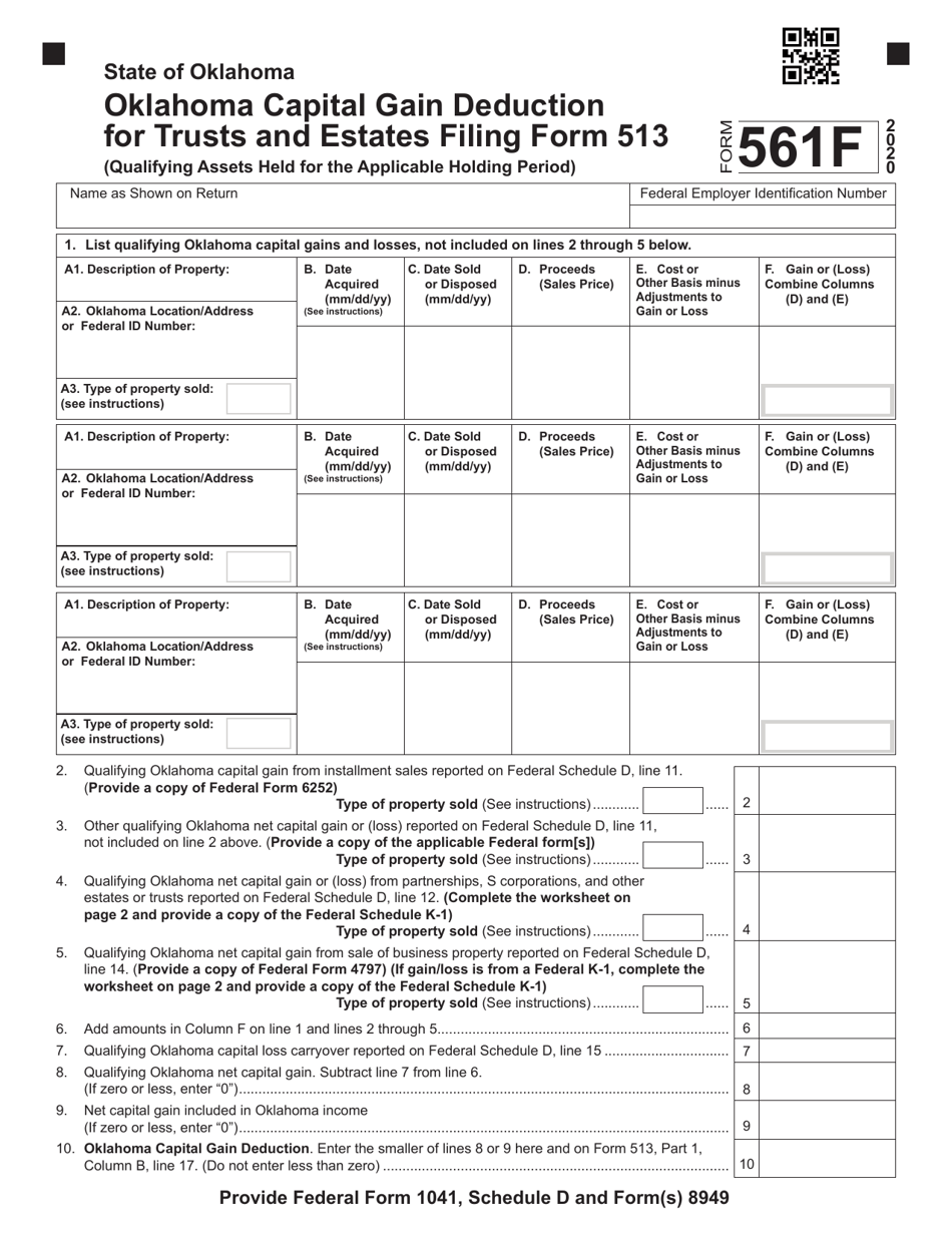 Form 561F Oklahoma Capital Gain Deduction for Trusts and Estates Filing Form 513 - Oklahoma, Page 1
