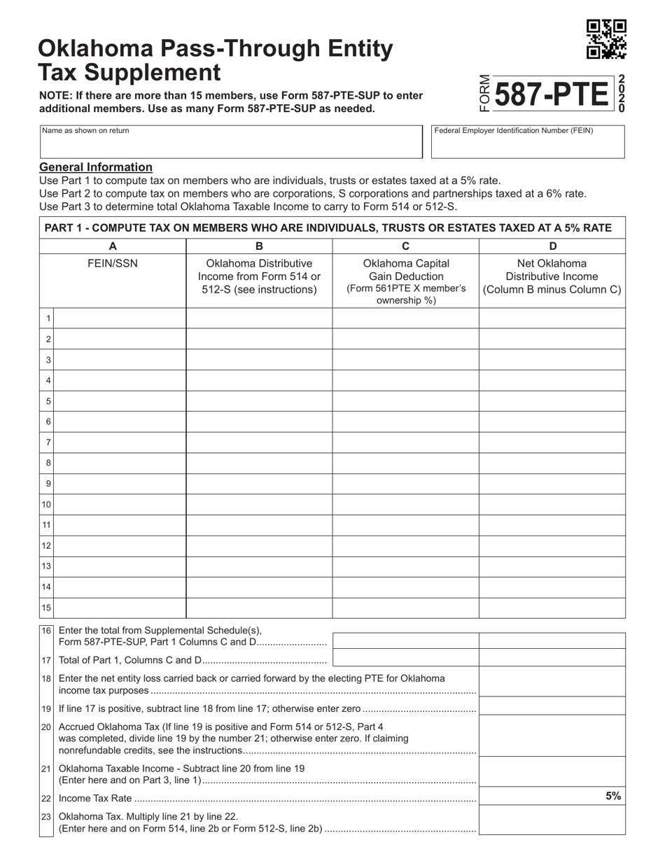 Form 587PTE Download Fillable PDF or Fill Online Oklahoma PassThrough
