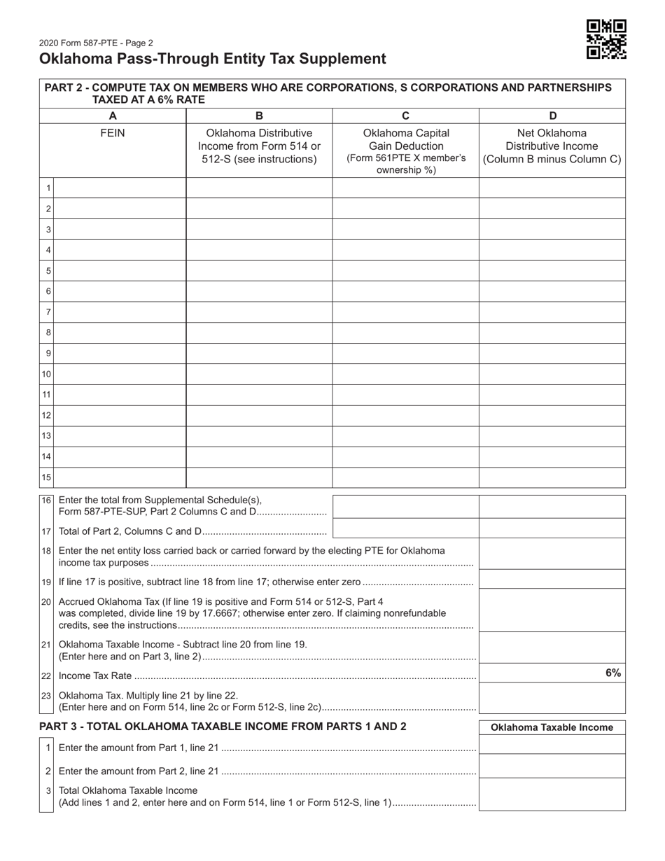 Form 587PTE Download Fillable PDF or Fill Online Oklahoma PassThrough