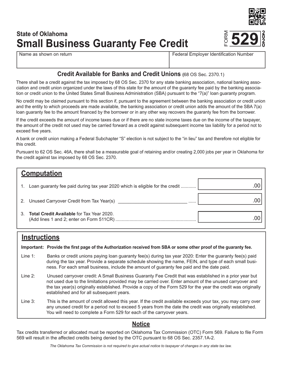 Form 529 Small Business Guaranty Fee Credit - Oklahoma, Page 1