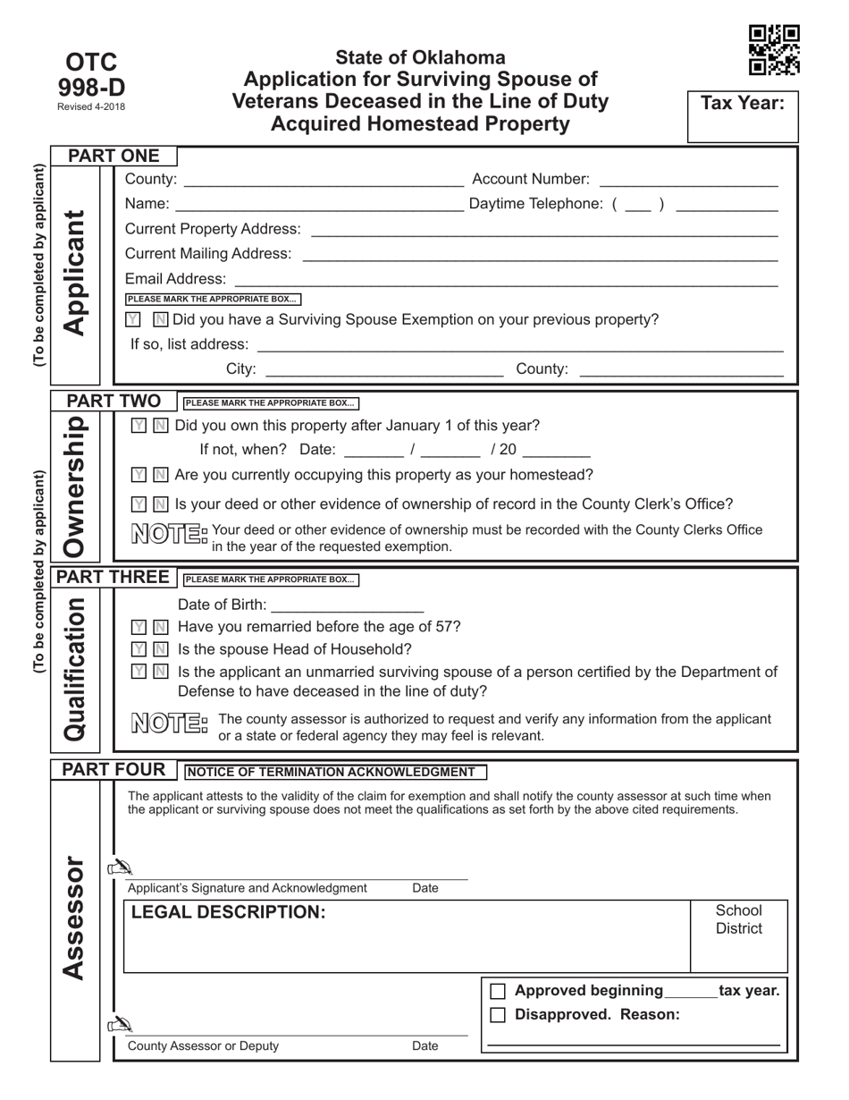 OTC Form 998-D Application for Surviving Spouse of Veterans Deceased in the Line of Duty Acquired Homestead Property - Oklahoma, Page 1