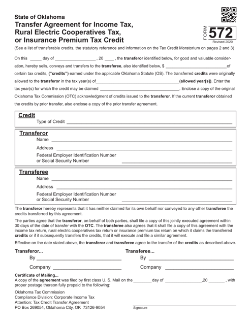 Form 572 Transfer Agreement for Income Tax, Rural Electric Cooperatives Tax, or Insurance Premium Tax Credit - Oklahoma