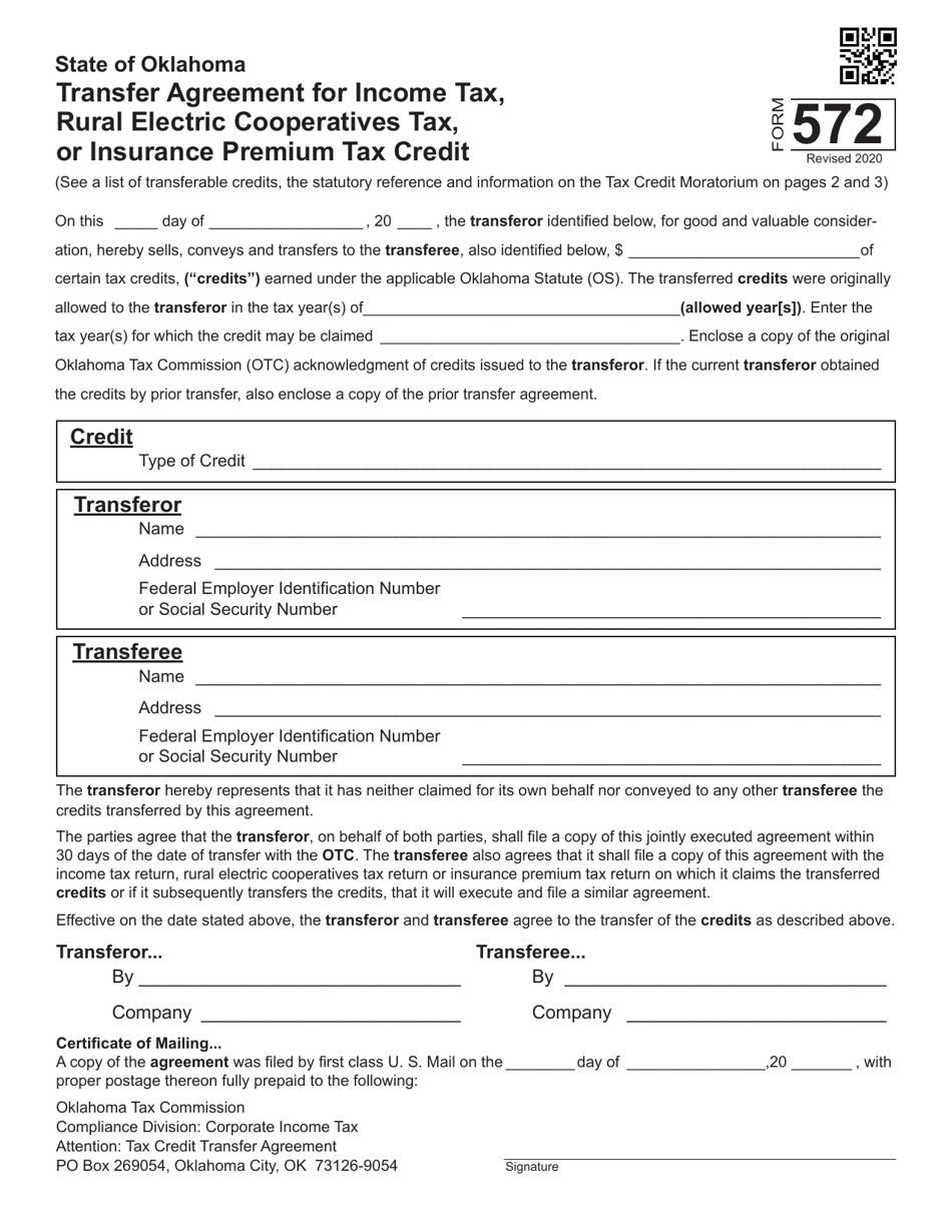 Form 572 Transfer Agreement for Income Tax, Rural Electric Cooperatives Tax, or Insurance Premium Tax Credit - Oklahoma, Page 1