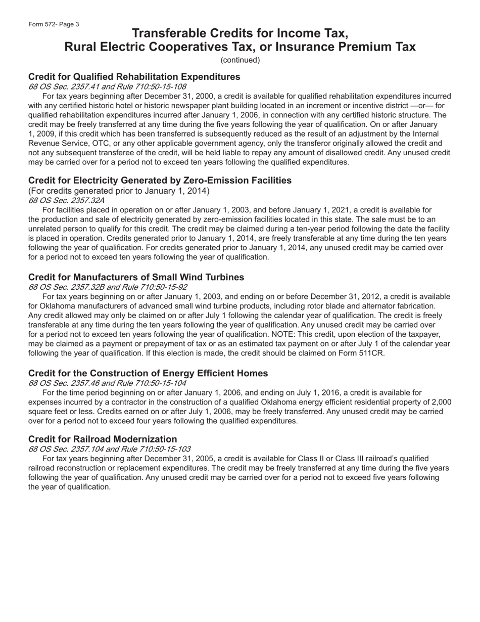 Form 572 Transfer Agreement for Income Tax, Rural Electric Cooperatives Tax, or Insurance Premium Tax Credit - Oklahoma, Page 3