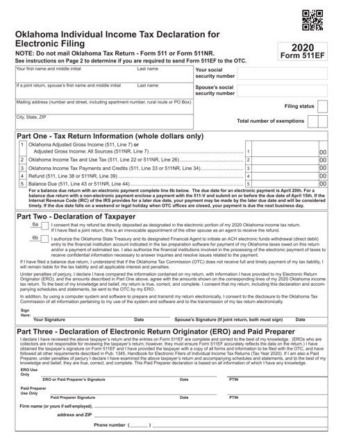 Form 511EF Individual Income Tax Declaration for Electronic Filing - Oklahoma, 2020