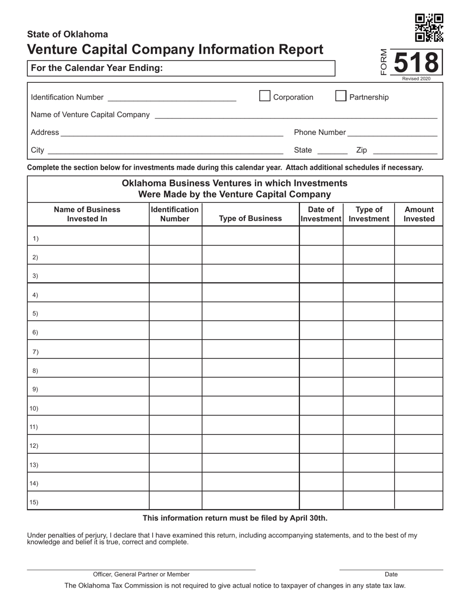 Form 518 Venture Capital Company Information Report - Oklahoma, Page 1